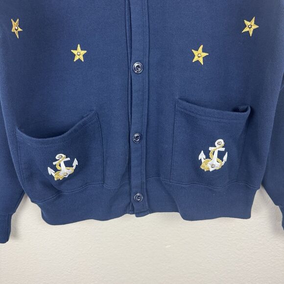 Vintage 90s Jerzees Embroidered Nautical Anchor Sweatshirt Cardigan Navy Blue OS - Picture 5 of 16